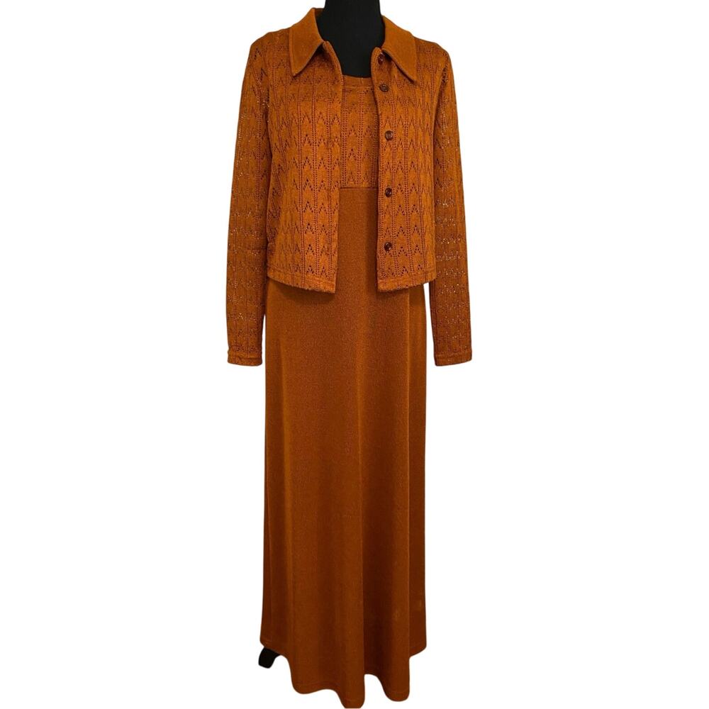 Citi Dress Vintage 90s Burnt Orange Pointelle Knit Maxi Dress & Cardigan Set 10